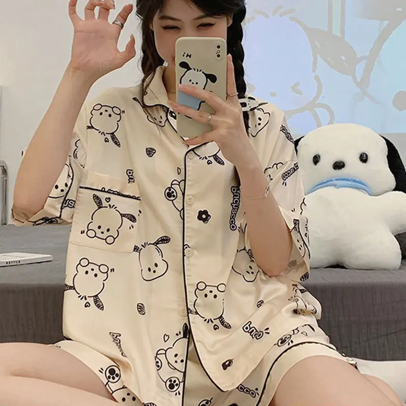 Novo sanrio pacha cão pijamas de seda feminino verão gelo seda manga curta shorts casuais pijamas femininos homewear calças conjunto