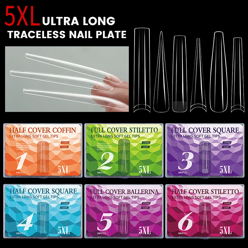 180pcs Ultra Long False Nail Tips 5XL Acrylic Full Half Cover Fake Nails Soft Tips Professional Artificial Extension Accessories