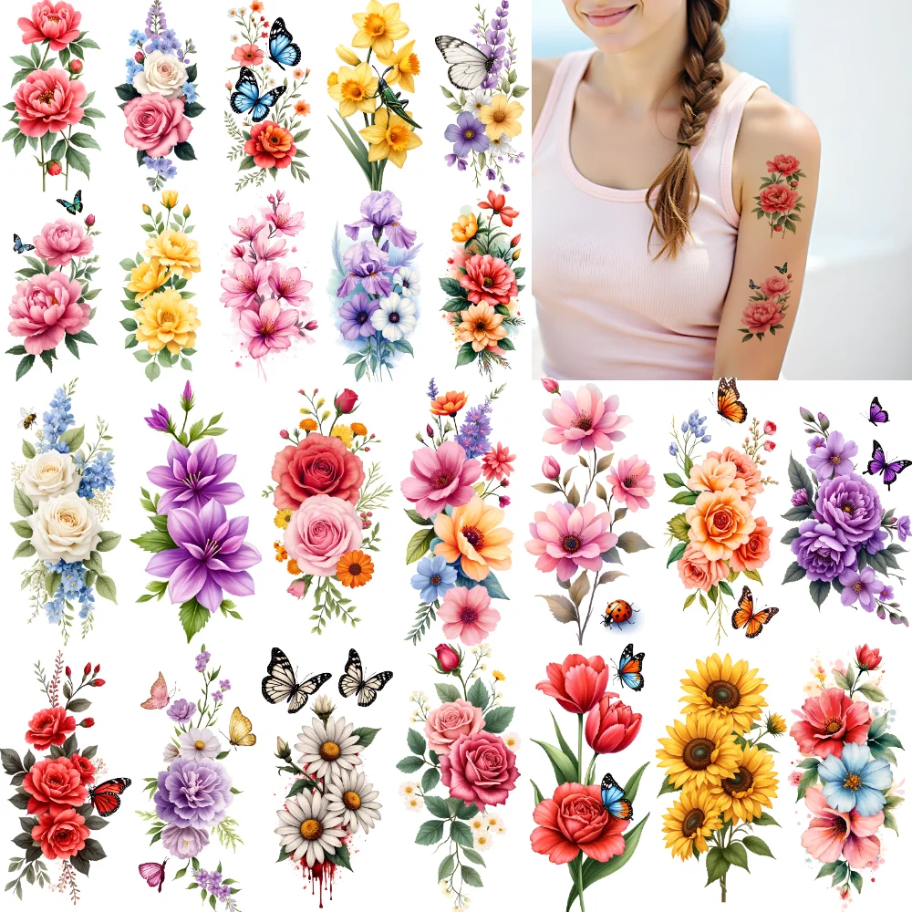 

9 шт., временные татуировки, бабочки, красочные гортензии, маки, водонепроницаемые, долговечные наклейки для тела, ромашки для мужских рук