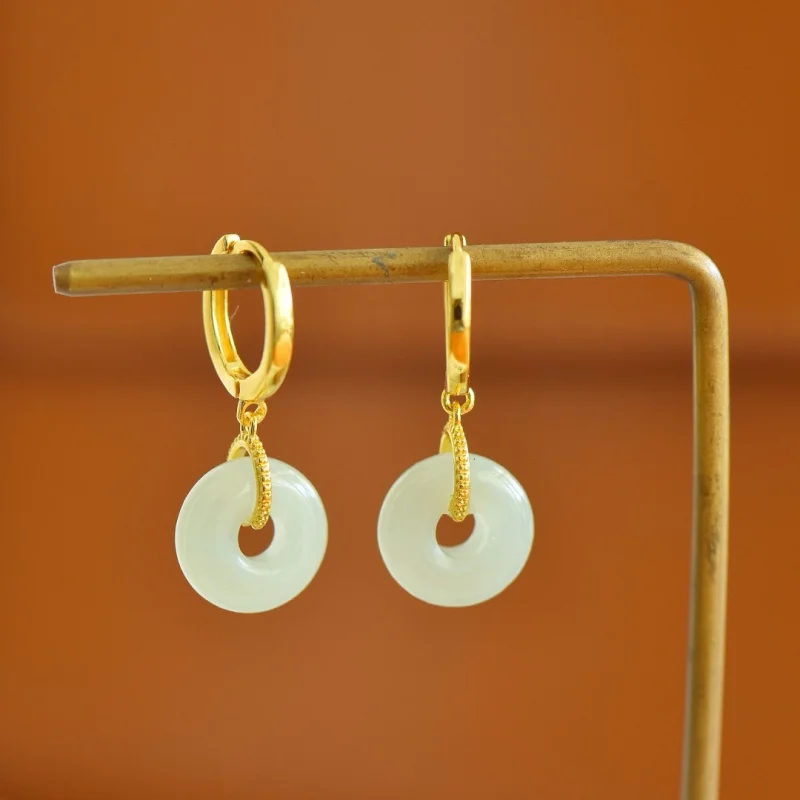 Natural Hetian Peace Earrings Women S925 Sterling Silver Jade Ear Jewelry