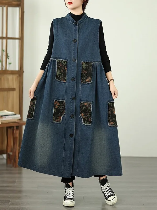 

Винтажное лоскутное джинсовое джинсовое платье большого размера, женское длинное пальто с воротником-стойкой на одной пуговице, осенняя верхняя одежда