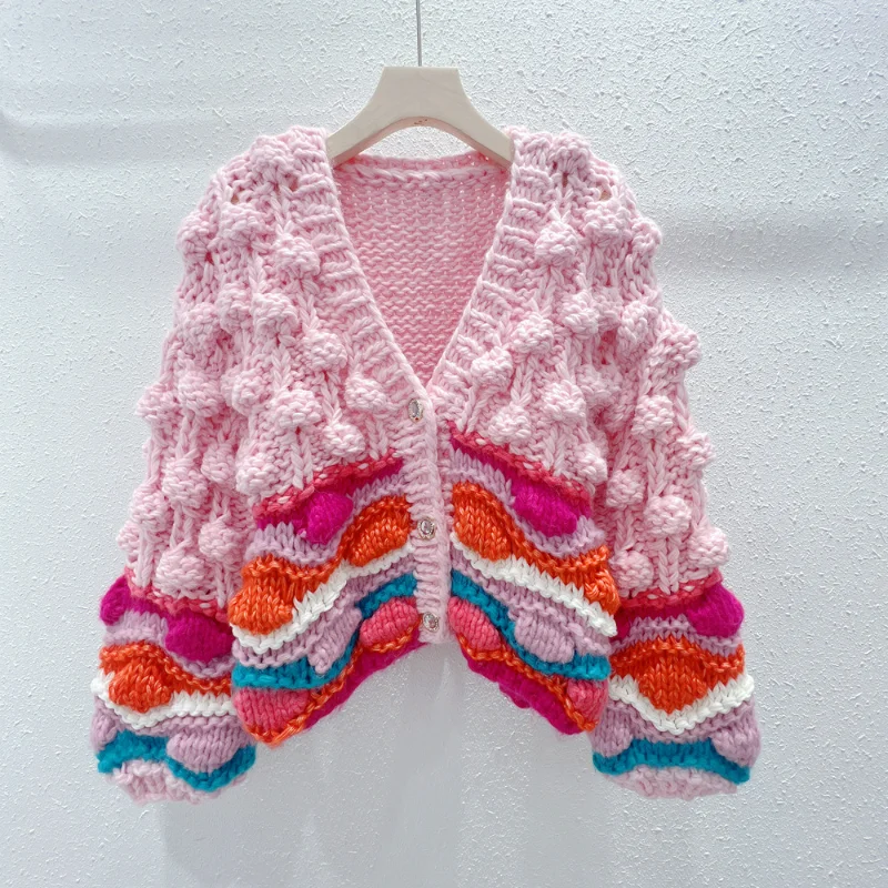 Autumn Winter V-neck Knitted Cardigans Pink Sweaters Girly Heart Sweet Thick Handmade Contrast Color Jacket Crochet Flowers Coat