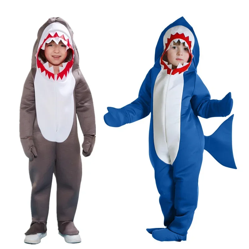 Children Cute Shark Hooded Jumpsuits Boys Girls Halloween Animals Cosplay Costume Carnival Easter Purim Fancy Dress