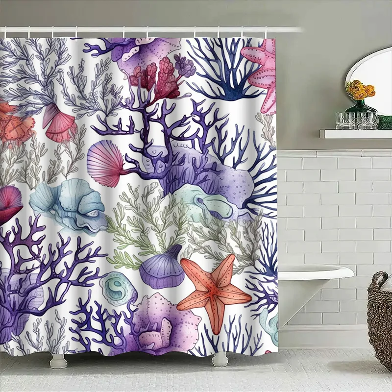 

Ocean Life Printed Shower Curtain Set Purple Blue Red White Colorful Fish Coral Sea Creatures Pattern Waterproof Bathroom Decor
