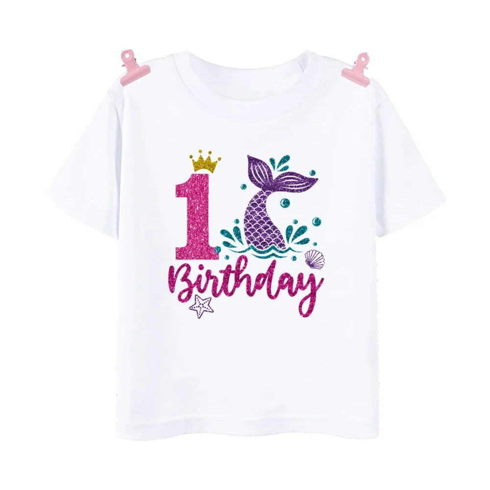 New Sea Animal Fish Shell Starfish Print Birthday Shirts 1-9 Birthday T-shirt Girls Party T Shirt Ocean Theme  Kids Top Shirt