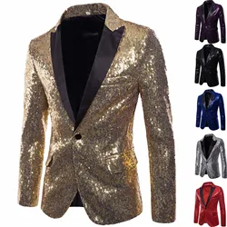 Shiny Sequin Suit Jacket Men's Stage Performance Coat White Silver Blue Red Purple Blazers V-neck Single Button S M L XL XXL