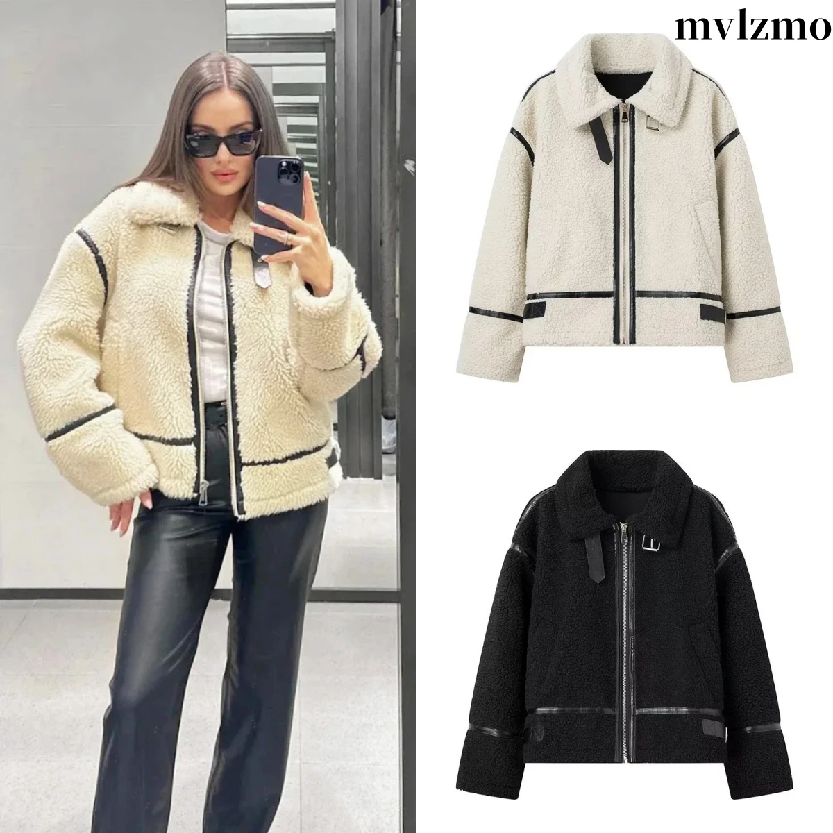 2024 Autumn New Women\'s Wear European and American Style Casual Fur One Piece Lamb Wool Contrast Color Plush Warm Jacket