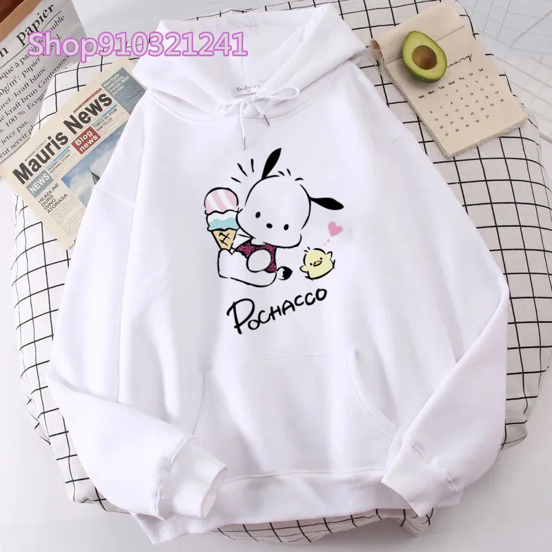 White Cute Pochacoo Hoodies Kawaii Sweatshirt Women\'s Hoodie Cartoon Printed Spring Fall Long Sleeve Sportswear Girls Clothing