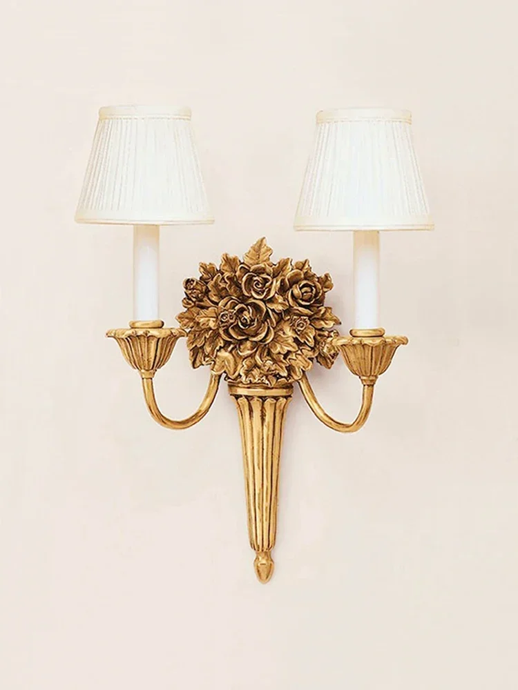 Luxury pure copper rose flower wall lamp European and American French villa living room background dining bedside bedroom