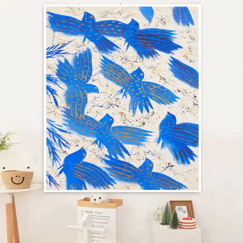 VIKAMA Bird Tapestry Wall Hanging Three White Swans Flying Dark Blue Vintage Oil Painting Aesthetic Bedroom Decor