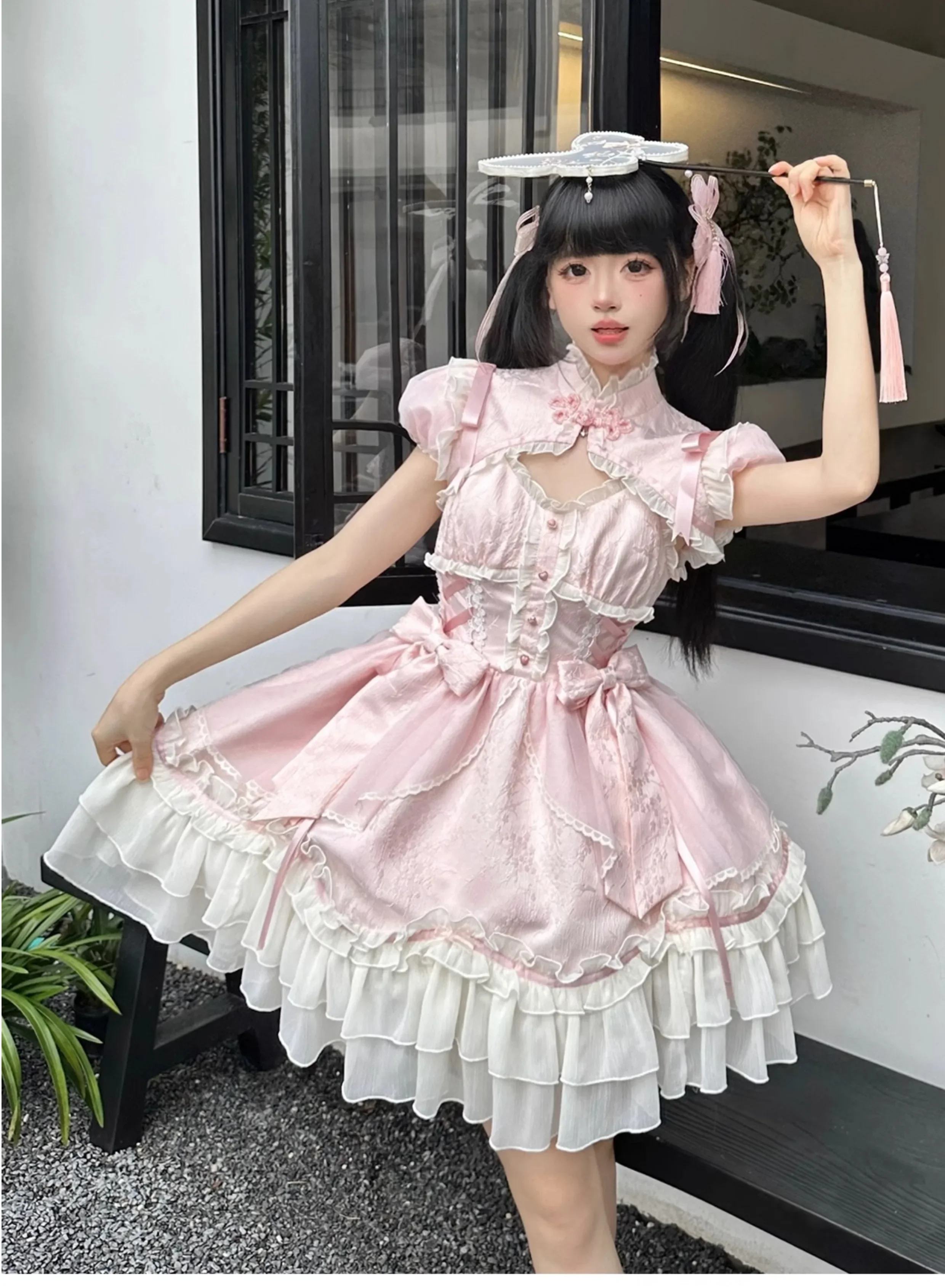 Lolita Refined Handmade Lace Sweet JSK Sling Dress Summer New Style Pink Bow Cinched Sleeveless Puff Short Dresses and Waistcoat