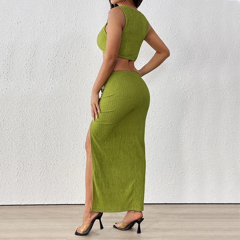 Ensemble fendu à texture plissée européenne et américaine, nouveau gilet dopamine sans manches transfrontalier, ensemble deux pièces, été 2025