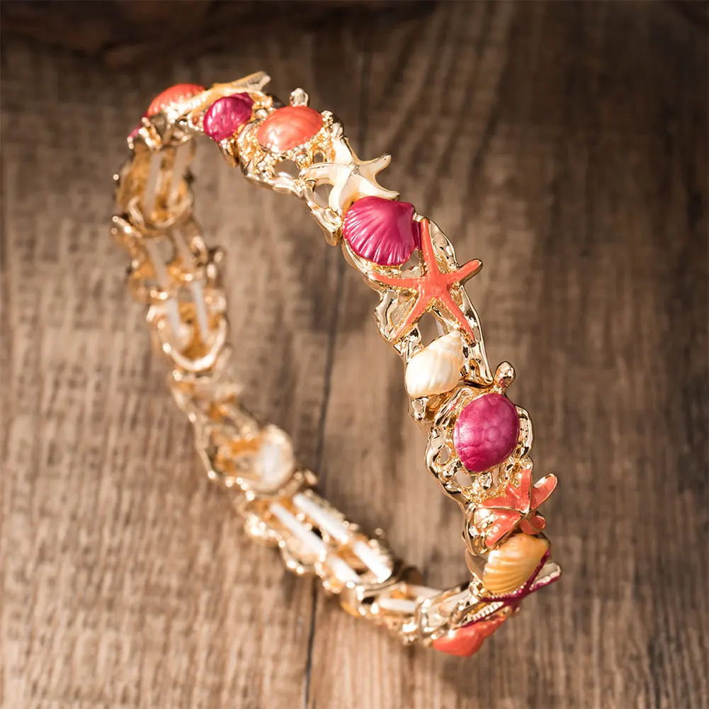 Ocean Series Armreif für Damen – Sommer Strandurlaub Abalone Muschel Schildkröte Emaille Schmuck Armreifen Zinklegierung Armbänder für Frauen