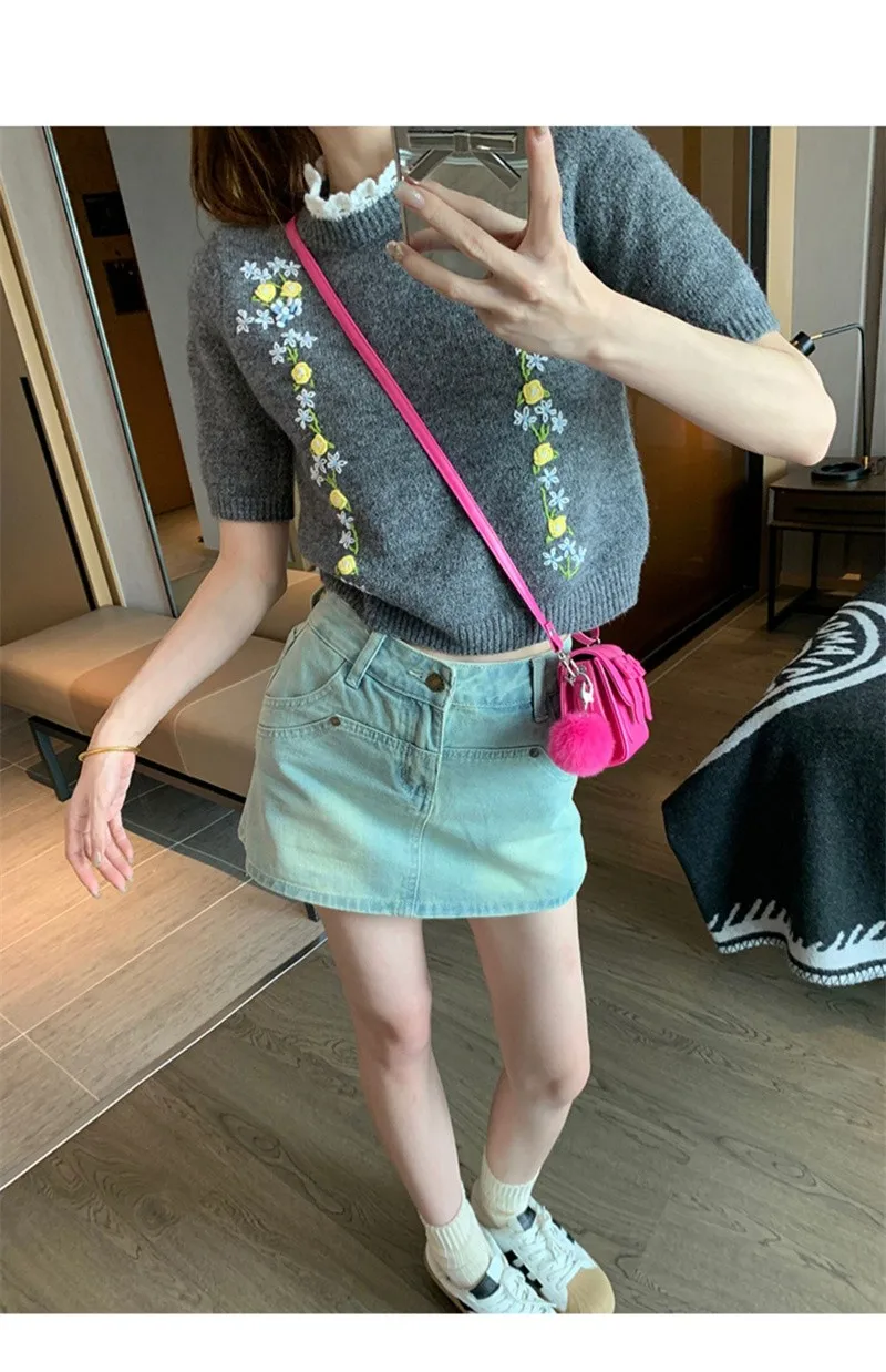 Korean Vintage Knit Sweater For Women Flower Embroidery Elegant Fashion Stylish Pullover Tops 2024 Summer Short Sleeve Jumpers