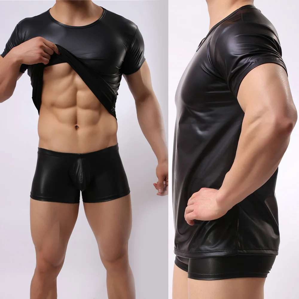 Sexy Black Round Neck Short Sleeve Mens Leather Stage Performance T-Shirt Tops Costumes Undershirts Muscular Short Solid