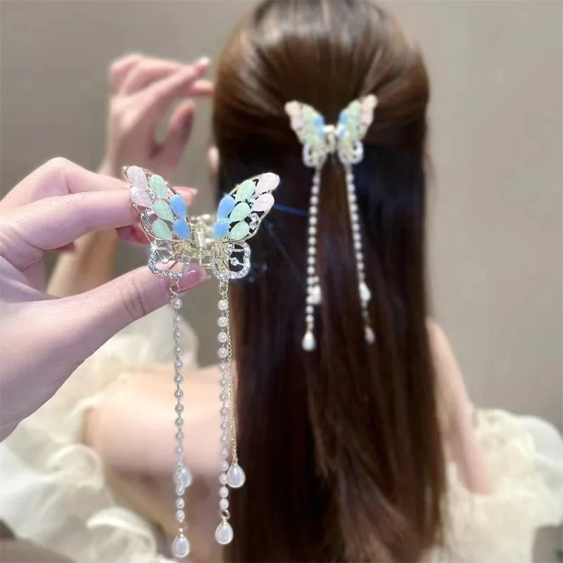 New Female Butterfly Pearl Tassel Hair Claws Rhinestone Clip Korean Simple Shark Ponytail Crab Clip Girls Hair Accessories