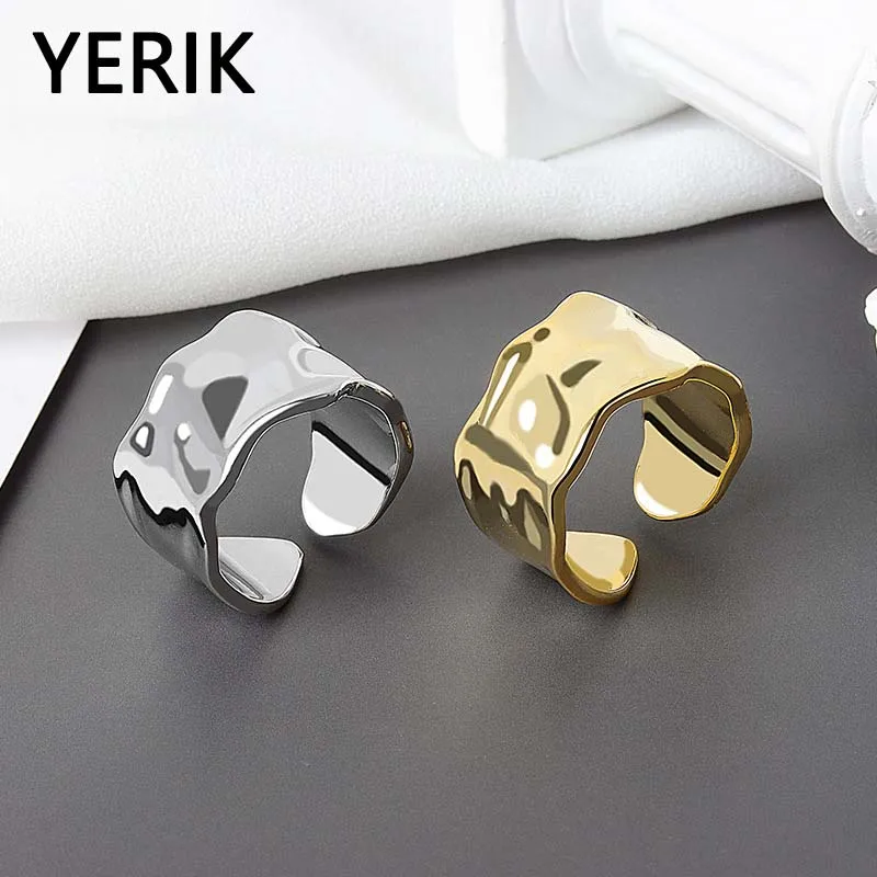 Yerik Silver Color Irregular Handmade Ring for Women Men Creative Geometric Wide Anillos Jewelry Gifts Size 16.5Mm Adjustable