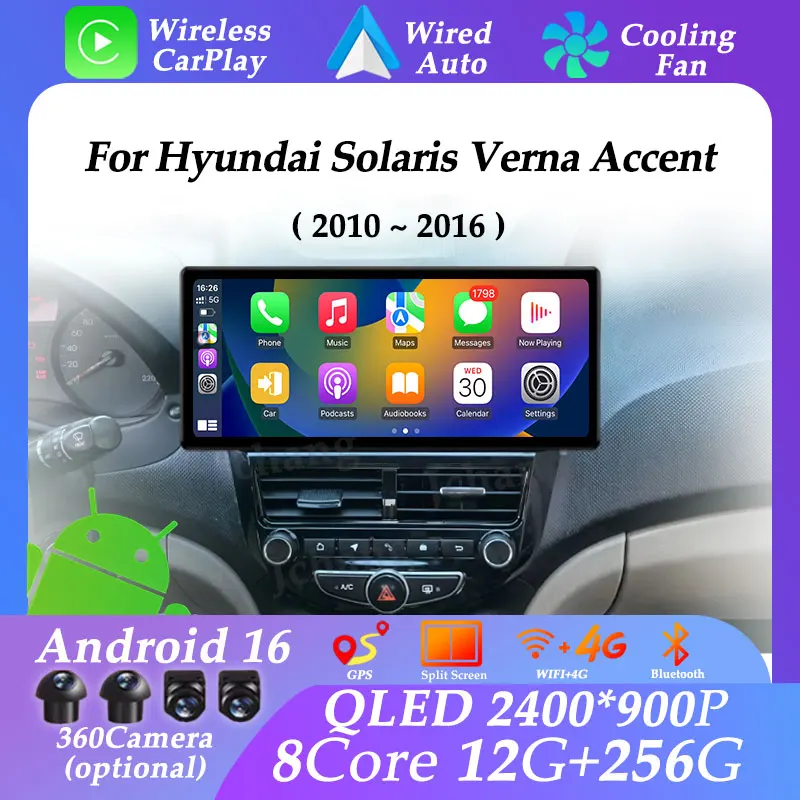 Para Hyundai Solaris Verna Accent 2010 - 2016 GPS Navi 12,3 pulgadas Carplay Auto Android 16 pantalla ultrafina DSP pantalla dividida WIFI