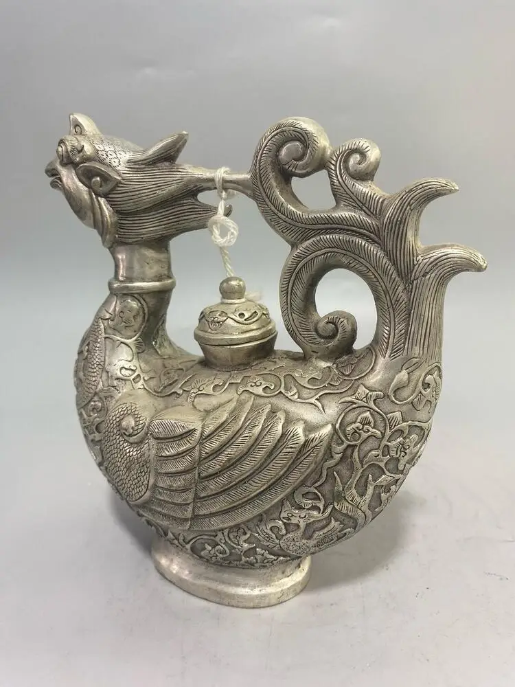 bronze silver plating engraving auspicious bird phoenix jar pot statue 19cm