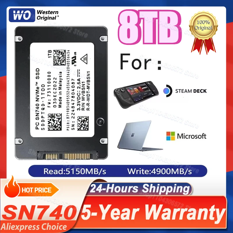 

100% Western Original WO SN740 2TB 1TB M.2 SSD 2230 NVMe PCIe Gen 4x4 SSD For Microsoft Surface ProX Surface Laptop 3 Steam Deck