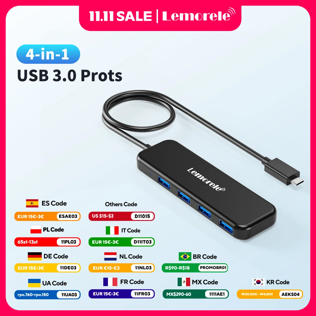 

USB-концентратор Lemorele 4 в 1, 4 порта, USB Type-C