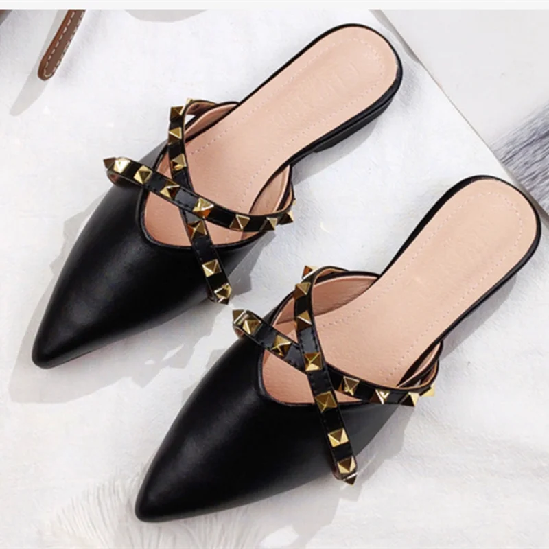 Lady Gold Rivets Slippers No Heels Summer Shoes Pointy Toe Retro Slides Outdoor Wide Fits EU48-33 29cm Footwear Beige Black Cute