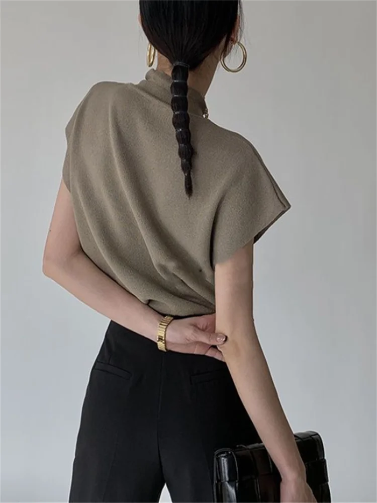 Knitted Vest Women Short Sleeve Top Half High Collar Slim Base Camisole Casual Tank Top Knitwear Summer Streetwear Ladies Camis