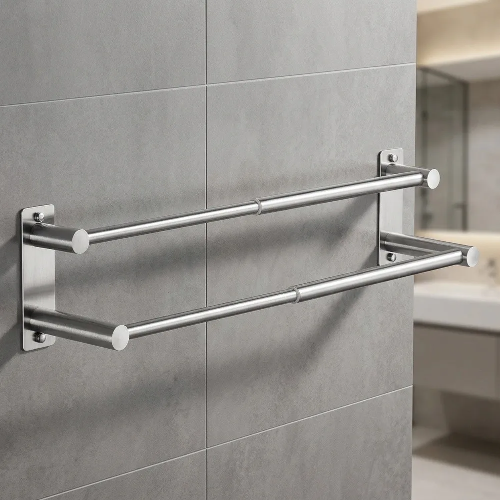 Stainless Steel Double Towel Holder with Dual Mounting Points and Reinforced Frame to Handle Frequent Towel Loading and Removal