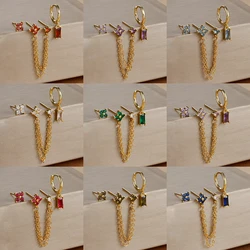 3PCS Stainless Steel 12 Constellation Drop Earrings Set for Women Zircon Double Link Chain Square Earring Unique Jewelry aretes