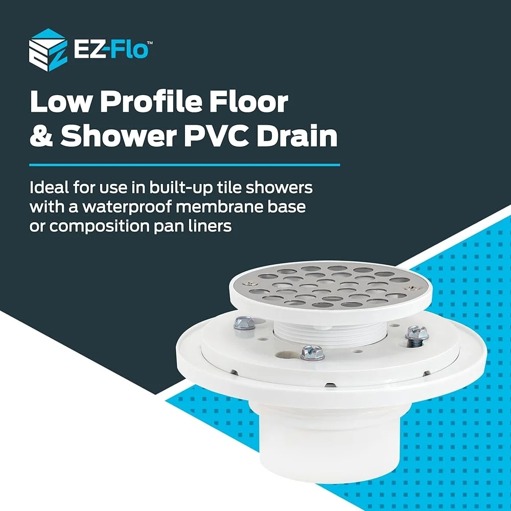 Low-Profile-PVC-Duschbodenablauf mit Edelstahlgitter, einfache Installation, 5,1 cm, 7,6 cm Rohr, kompatibel mit langlebigen Entwässerung