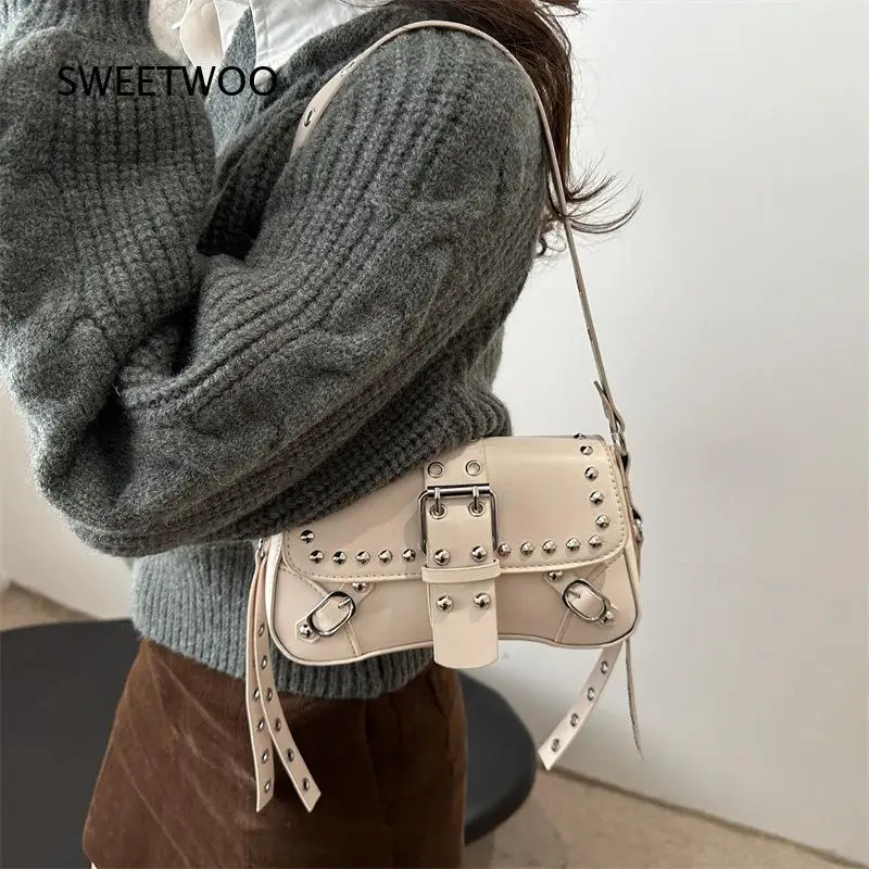Y2K Punk Rivet Moto Mini Shoulder Bag Multi Strap Buckle Design Hot Girl Style Leopard Solid Crossbody Hobo Bag - view 3