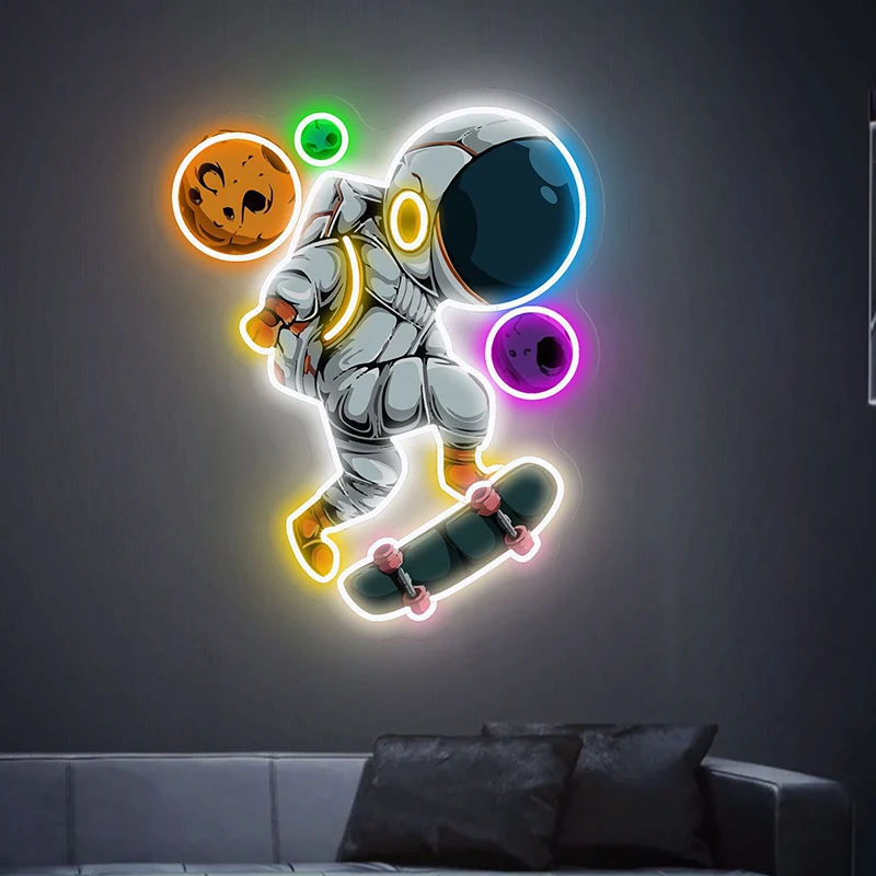 Astronaut Leucht reklame Skateboard Leucht reklamen Raumfahrer spielen Skateboard führte Neon UV-Druck Acryl Schlafzimmer Wand kunst Dekor Licht