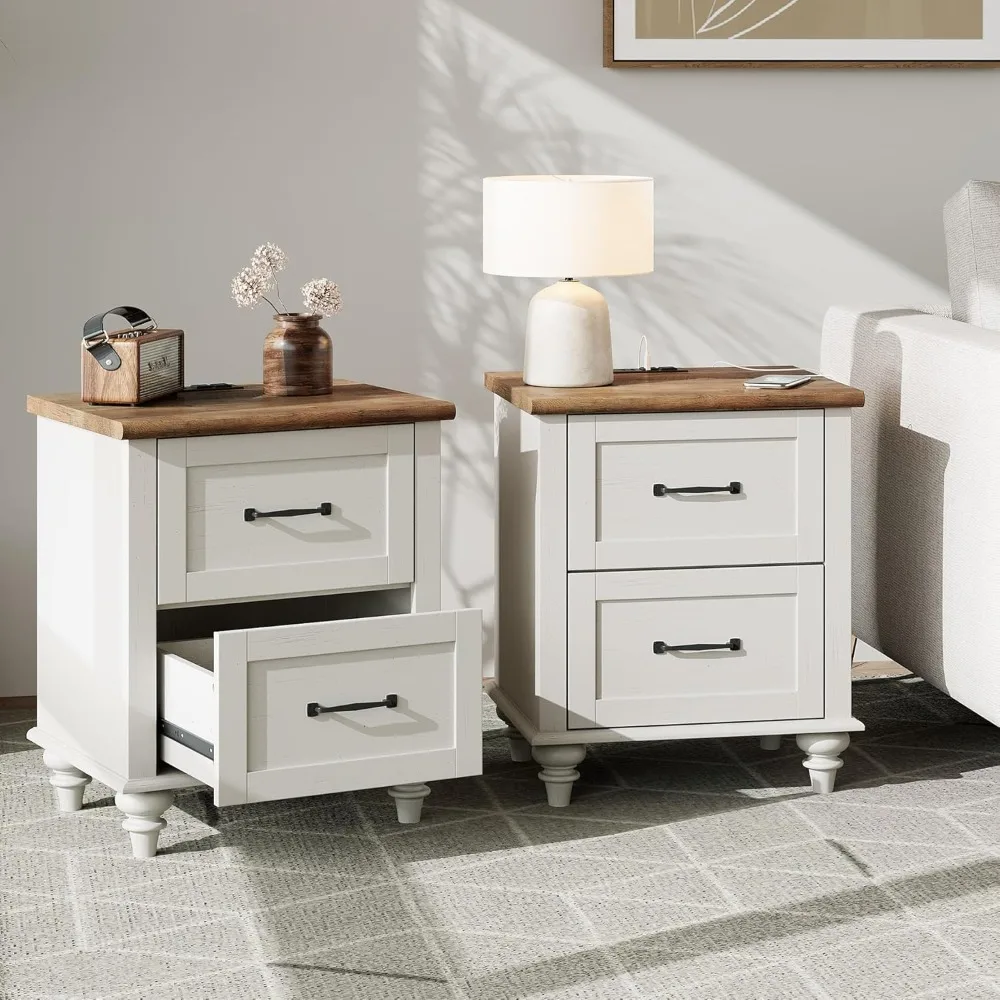 Set of 2 Night Stands with 2 Drawers, Mid-Century Modern Nightstands with Charging Station, Off White Bedside Table