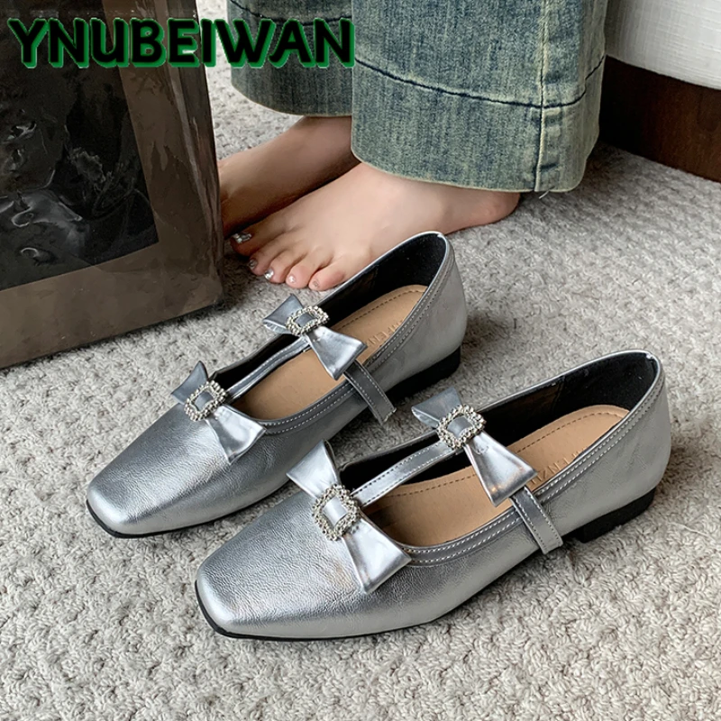 

Square Toe Flats Women Shoes Crystal Bow Sandals Brand New Loafers 2025 Summer Marie Janes Shoes Dress Woman Slippers Zapatos