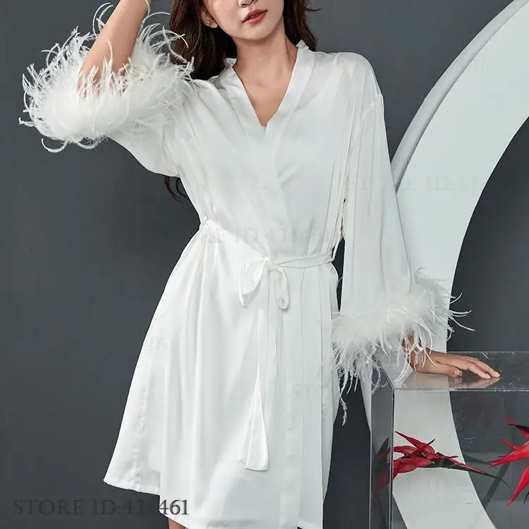 

Роскошное свадебное платье с перьями, платье невесты, пеньюар, кимоно, банный халат, сексуальное шелковистое платье из искусственного шелка, домашний халат