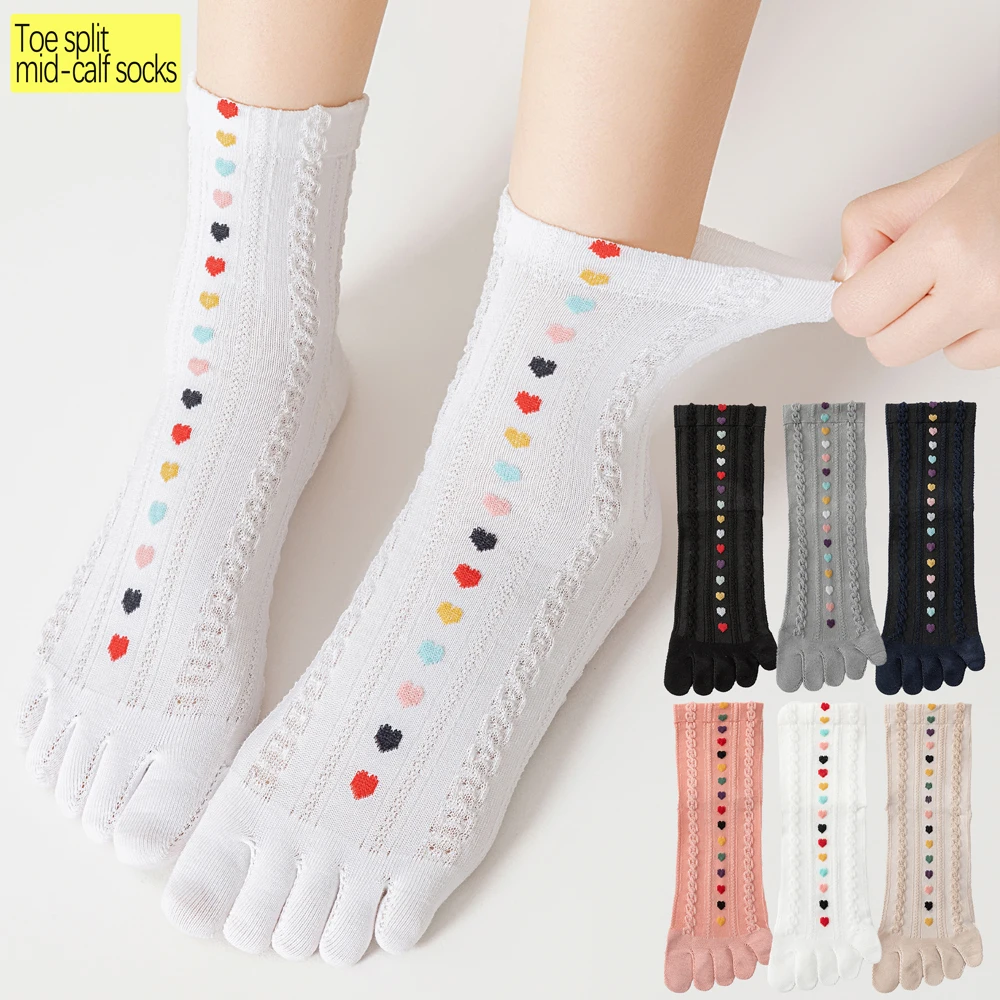 3 Paar trendige Damen-Socken mit geteilter Zehenpartie, leichte, rutschfeste, dünne, lässige Söckchen aus Mesh mit Herz-Design für den täglichen Gebrauch
