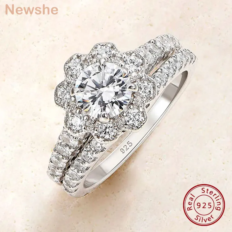 Newshe 925 Sterling Silver Engagement Wedding Rings for Women Flower Halo Ring Set 1.6 Ct AAAAA Cubic Zircon Fine Jewelry