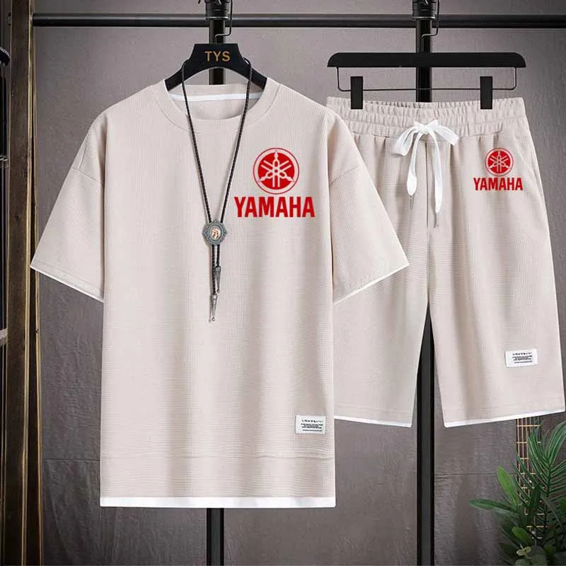 2026 YAMAHA Waffle Men's Summer Short Sleeve And Shorts Two Piece Sets Sports Casual Tracksuit Men Comfortable Cool Shorts Set