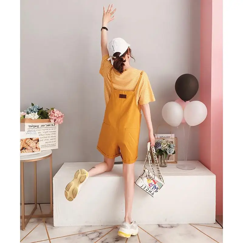 Women's Playsuits Rompers Summer College Comfy Drape Garment Vertical Mori Orangepink Artistic Wash Woman's Braces Personalized