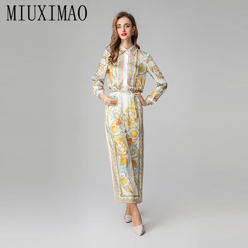 

MIUXIMAO 2025 весенне-осенний комплект из двух предметов, модный тонкий топ с рукавами и принтом морской звезды + длинные брюки, костюм, женские платья