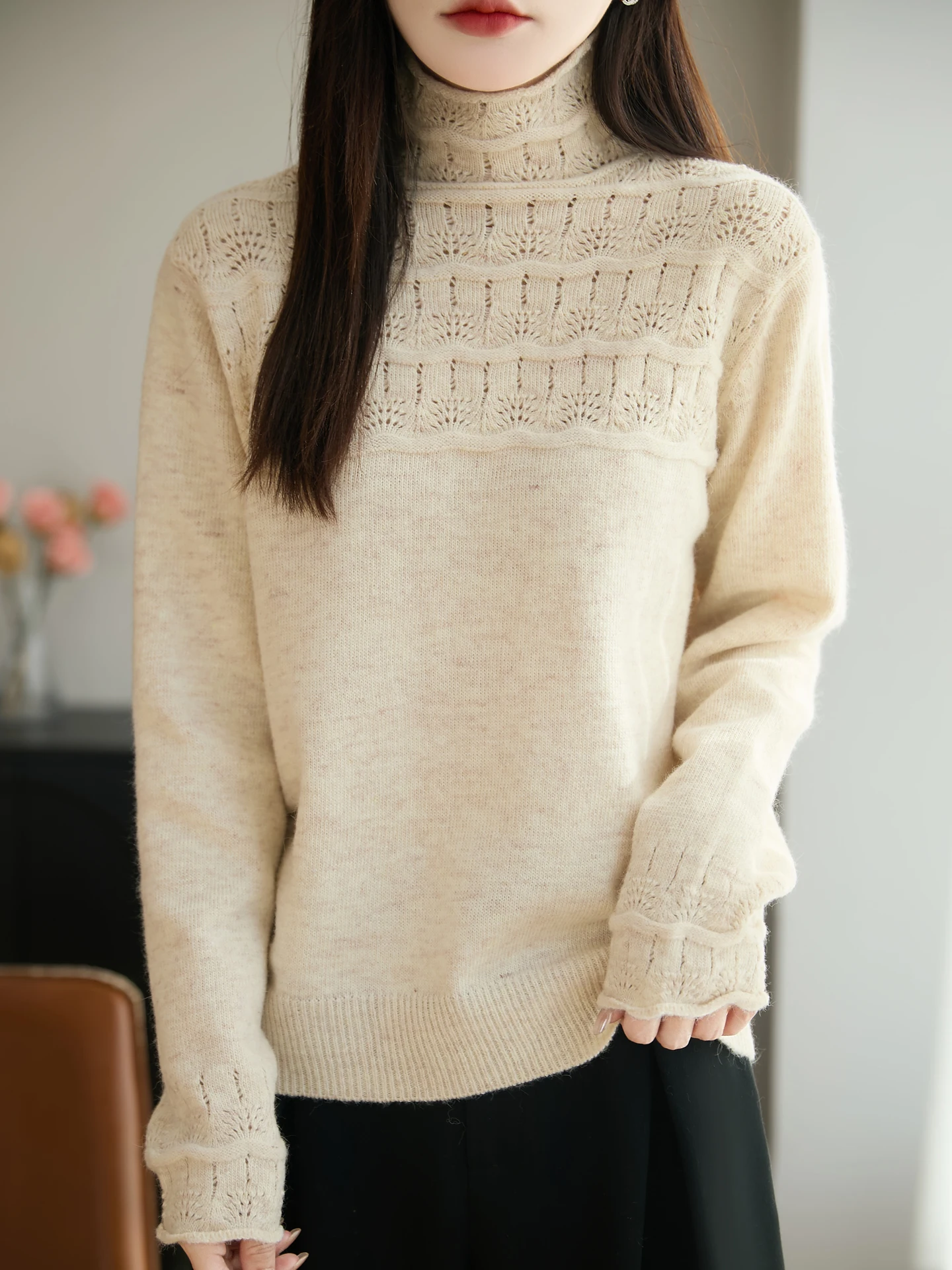 

Woman Merino Wool Sweater Autumn Winter Knitwear Turtleneck Cashmere Pullover Hollow Out Blouse Lady Long Sleeve Clothing Tops