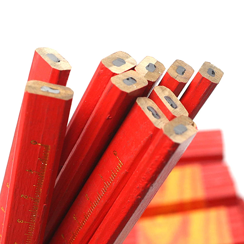 12PCS Elliptical Woodworking Pencils With Scale Flat Mark Pencils Black/Red Thick Core Hand Tool DIY Accessories