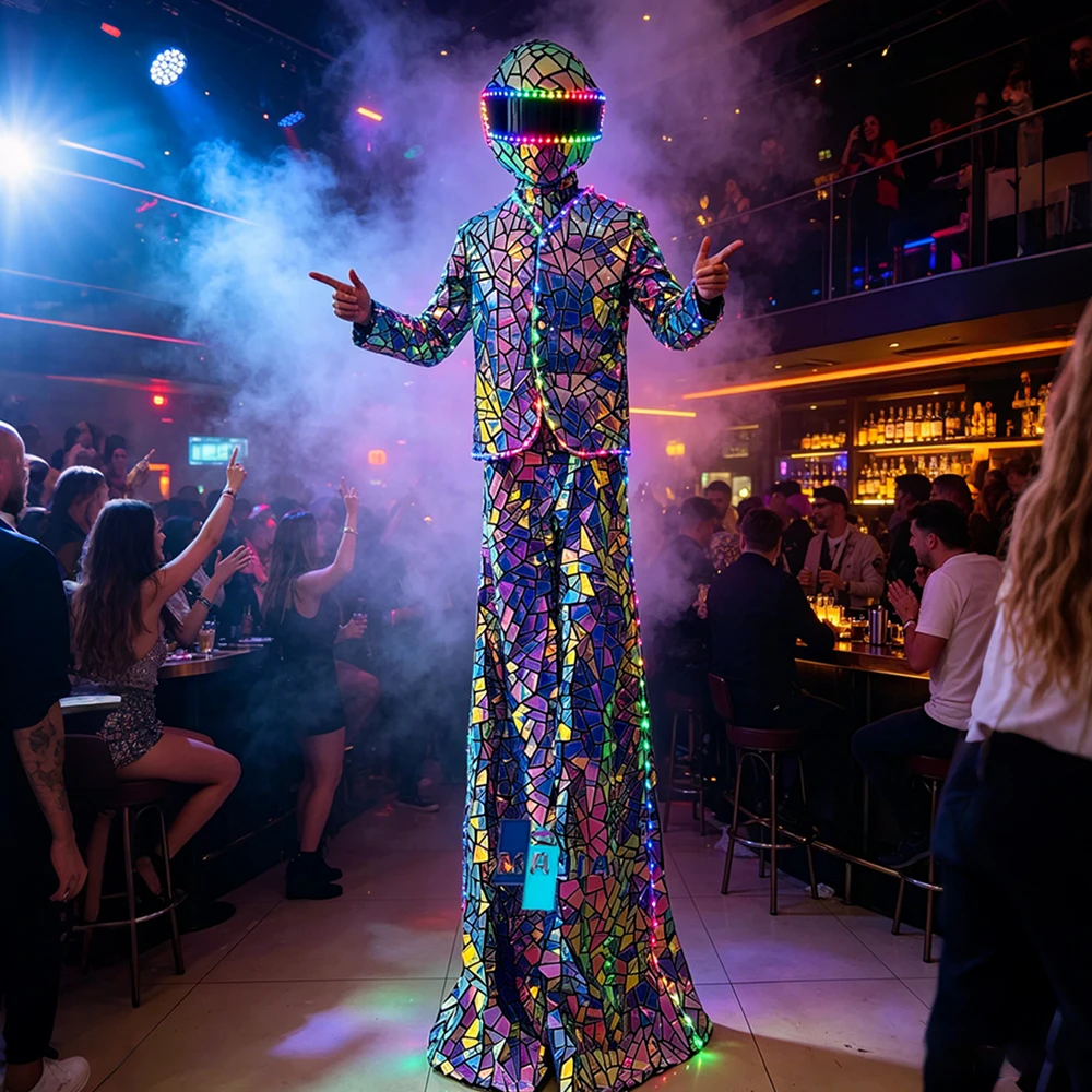

Adults LED Stilt Walker Costume Iridescent Mirror Reflective Suit Stage Performance Outfit for Nightclub Carnival Event