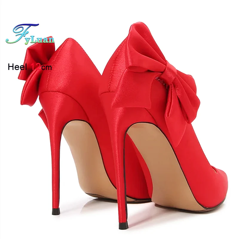 

Plus Size 46 Designer Fashion Pointed High Heels For Women 12CM Silk Stiletto Pumps Side Bow-knot Elegant Party Banquet Shoes