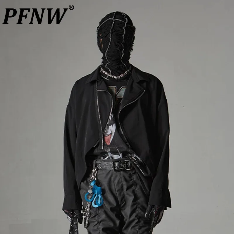 

PFNW Darkwear Irregular Circular Black Jackets For Men Turn-down Collar Long Sleeve Zippers Design Short Coat Autumn New 12C200