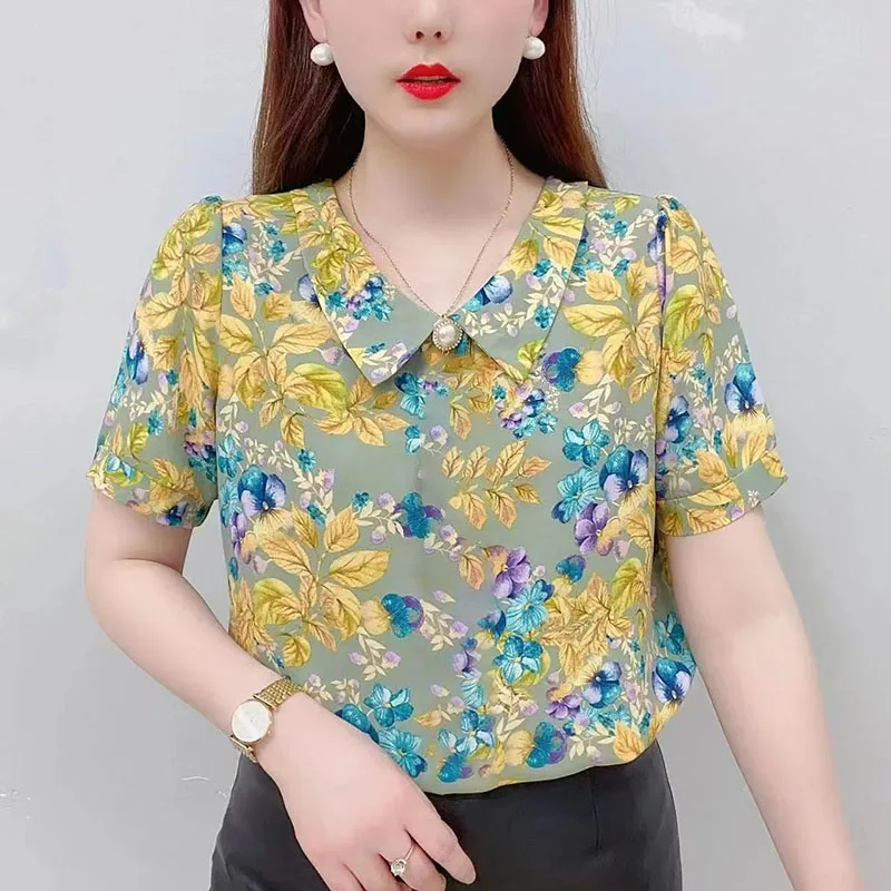 Vintage Printed Peter Pan Collar Floral Chiffon Blouse Women\'s Clothing 2024 Summer New Oversized Casual Pullovers Beading Shirt