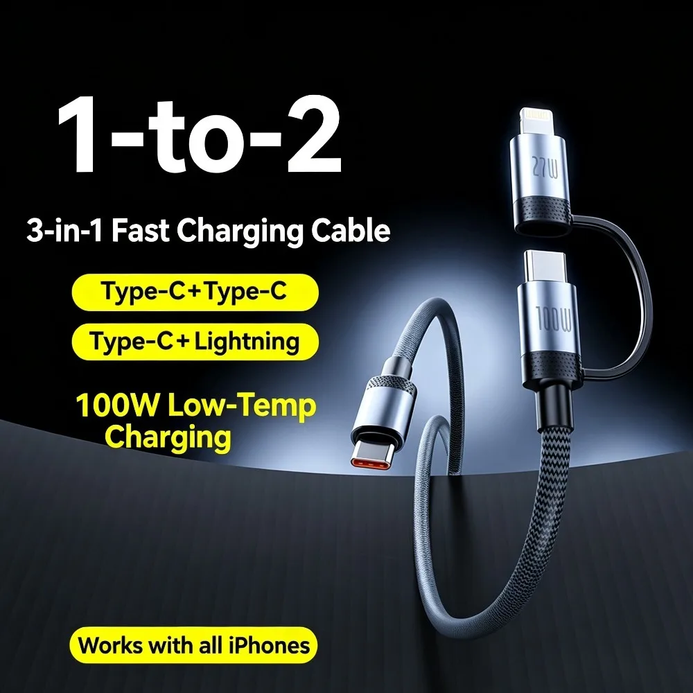 100W 2-in-1 Fast-Charging Cable with Dual Type-C Ports (1-to-2) Compatible with Apple, Huawei, and Xiaomi