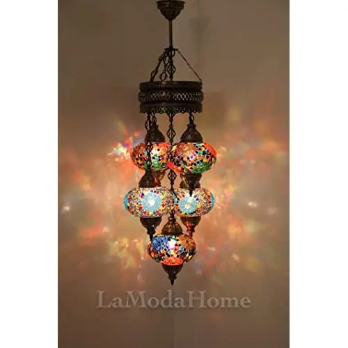 LaModaHome 40 + Unique Colors, 2020 Customizable Chandelier 5 Globes + Free 5 Bulbs, stunning Mosaic Turkish Lamp Moroccan Light