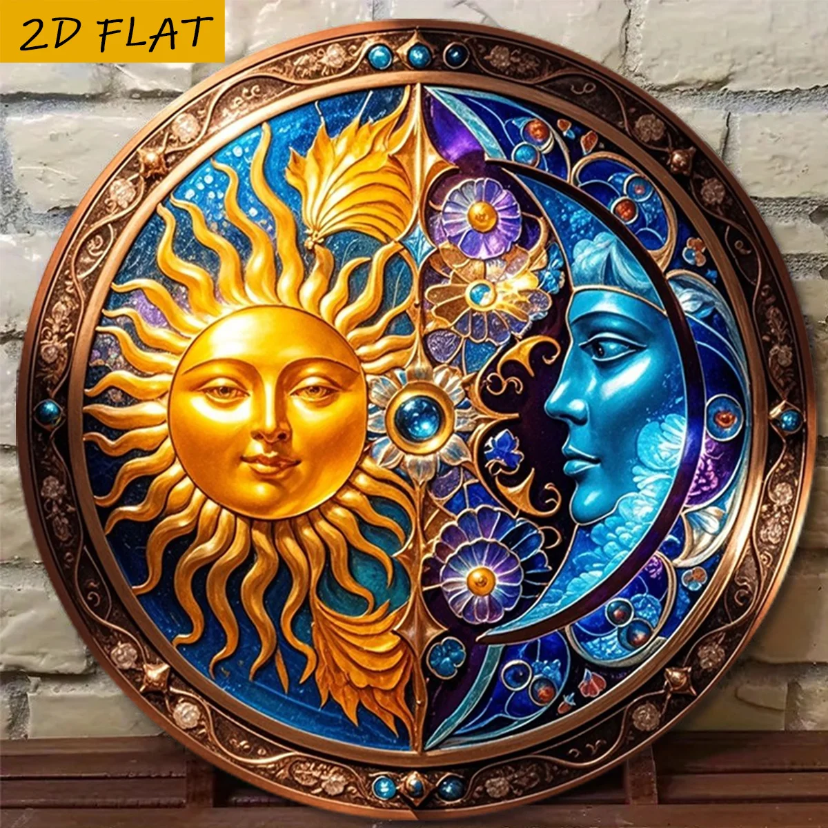 2D Metallschild, 8-Zoll Retro Sonne-Mond Wandkunst, Türkis & Gold Boho Astrologie-Dekor für Zuhause, Bar, Restaurant