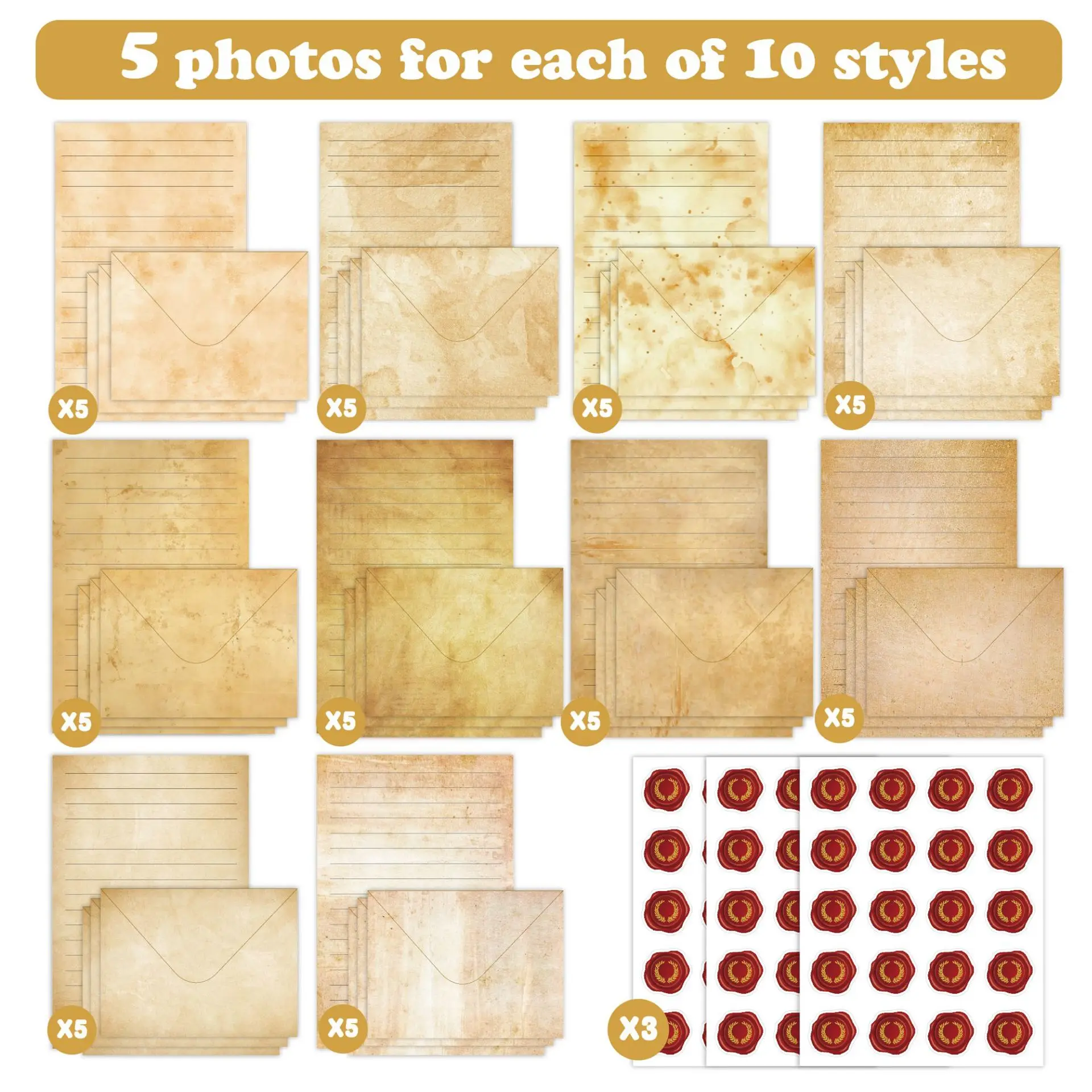 

160 Packs Stationery Paper Set (50 Double Sided Stationery Writing Papers 50 Matching Envelopes) 60 Round Dot Sticker, 10 Design